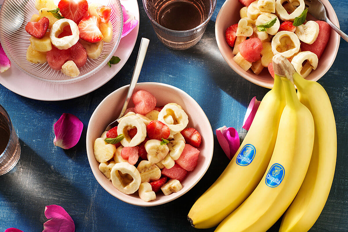 Heart-shaped Valentine’s day fruit salad with Chiquita banana