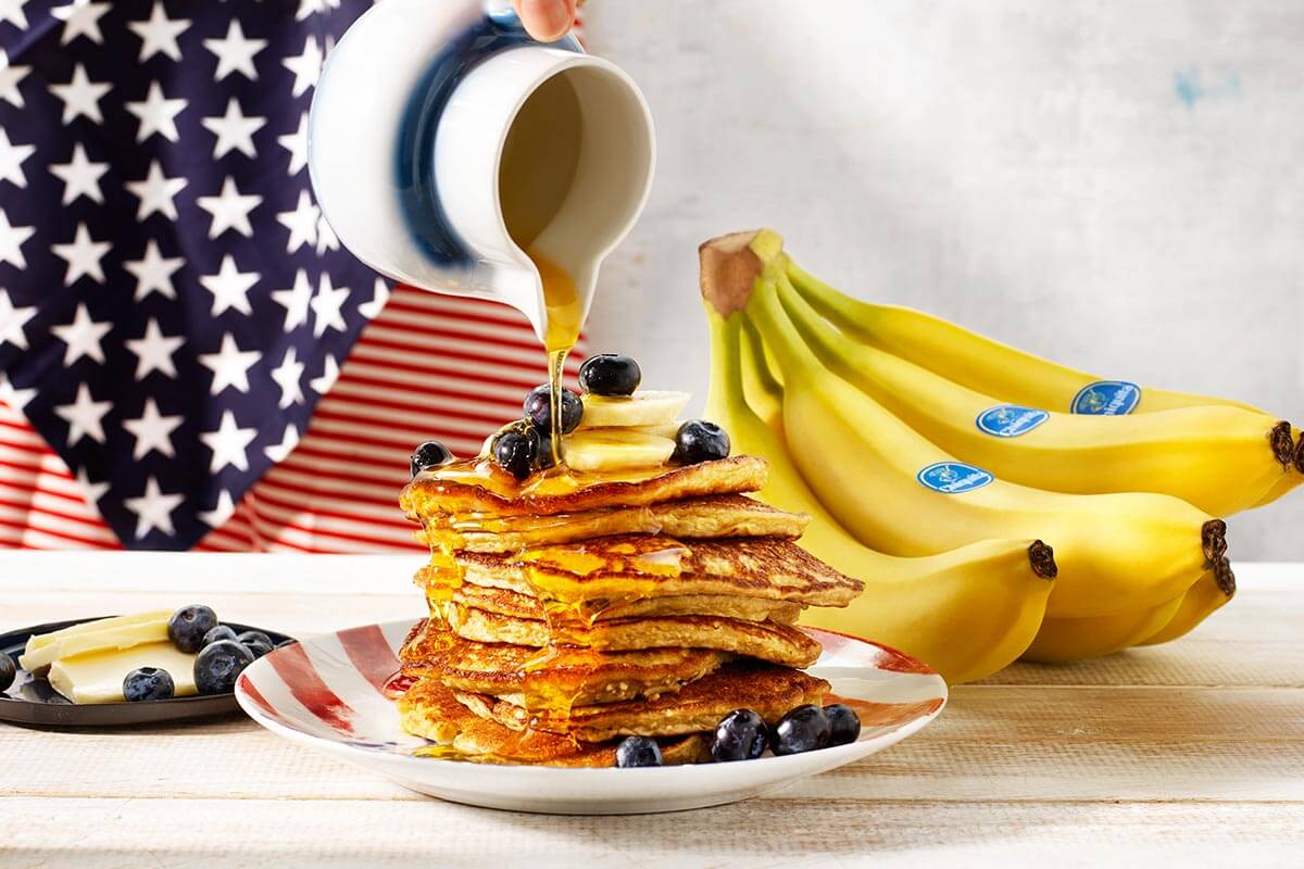 Homemade Chiquita banana and blueberry pancakes