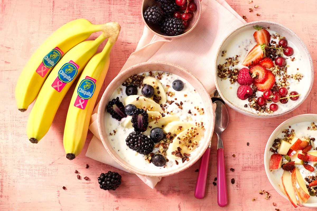 Quinoa healthy breakfast bowl with Chiquita banana and non-fat greek yogurt