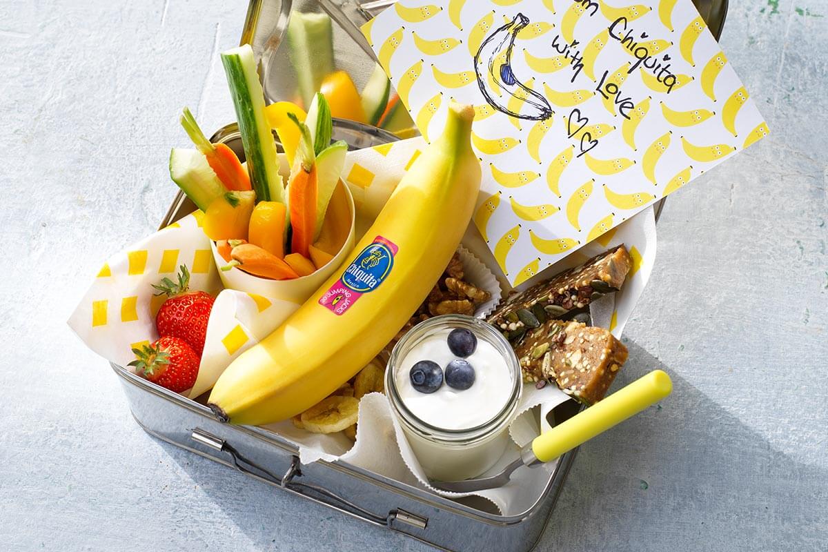 Snackbox with Chiquita banana chips, veggies, fruits and nuts.