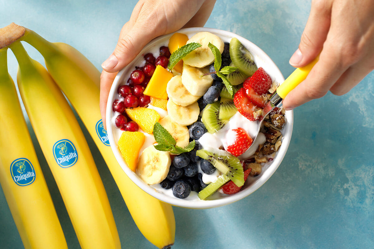 Vegan rainbow bowl with Chiquita banana and fresh fruits