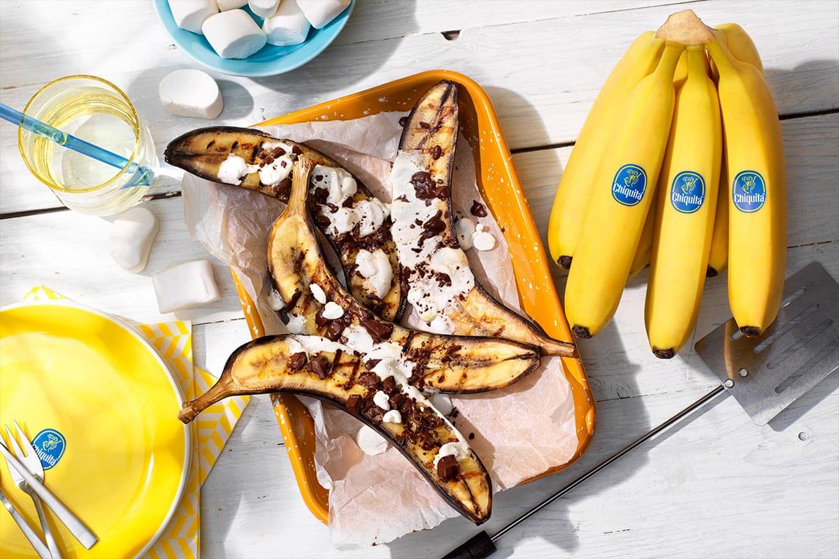 Chocolate and marshmallow stuffed BBQ Chiquita bananas