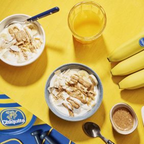 Pre-workout almond butter banana coconut energy bowl by Chiquita