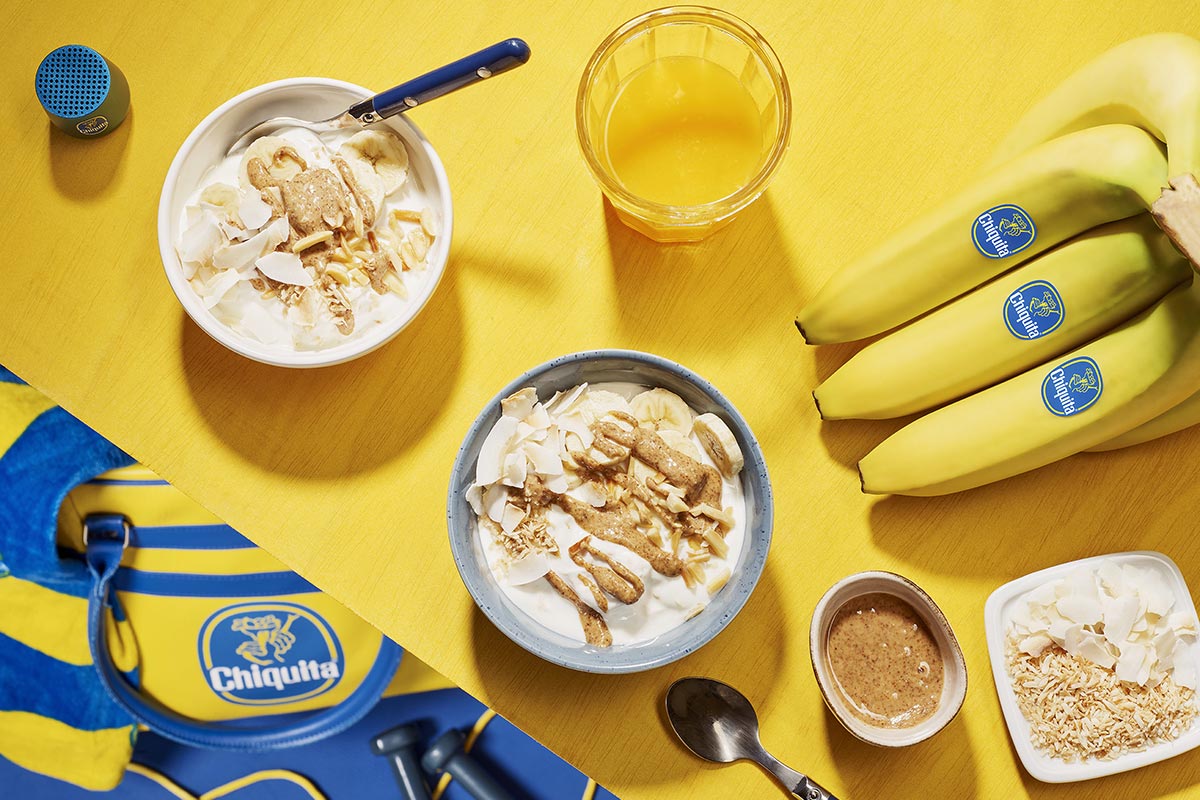 Pre-workout almond butter banana coconut energy bowl by Chiquita