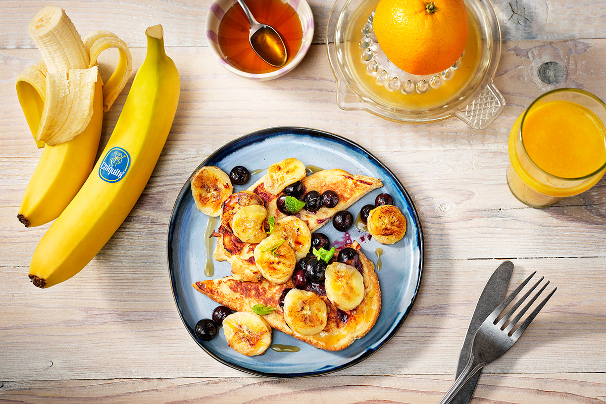 French Banana Toast with Maple Syrup and Blueberries