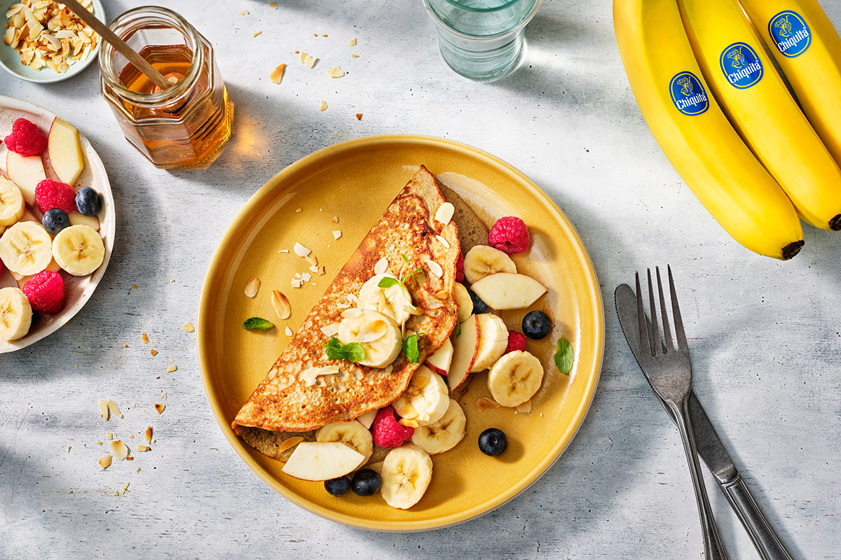 Fluffy Banana Omelette, with banana, apple and raspberries