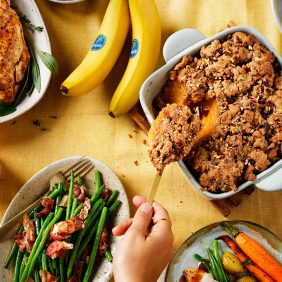 Banana & sweet potato mash topped with cinnamon pecan streusel